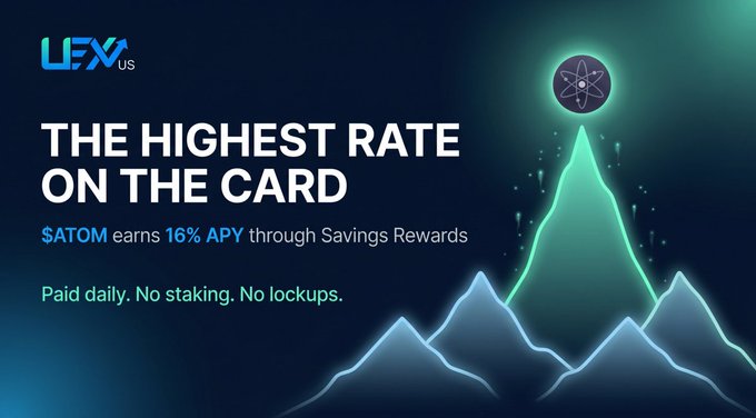 A LFX US cryptocurrency advertisement with the headline 'THE HIGHEST RATE ON THE CARD', stating '$ATOM earns 16% APY through Savings Rewards' and 'Paid daily. No staking. No lockups.'