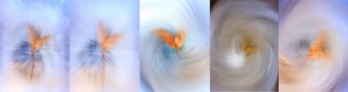 A composite of five images showing abstract swirling vortex patterns in shades of blue, white, and orange, resembling the look of galaxy formations or spiraling energy.