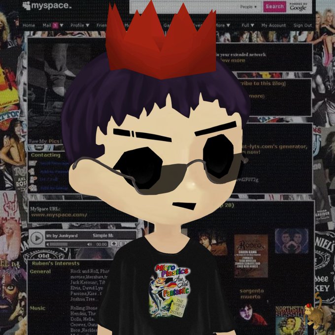 An anime-style character with purple hair, sunglasses, and a red crown wearing a black t-shirt, overlaid on a MySpace profile page background.