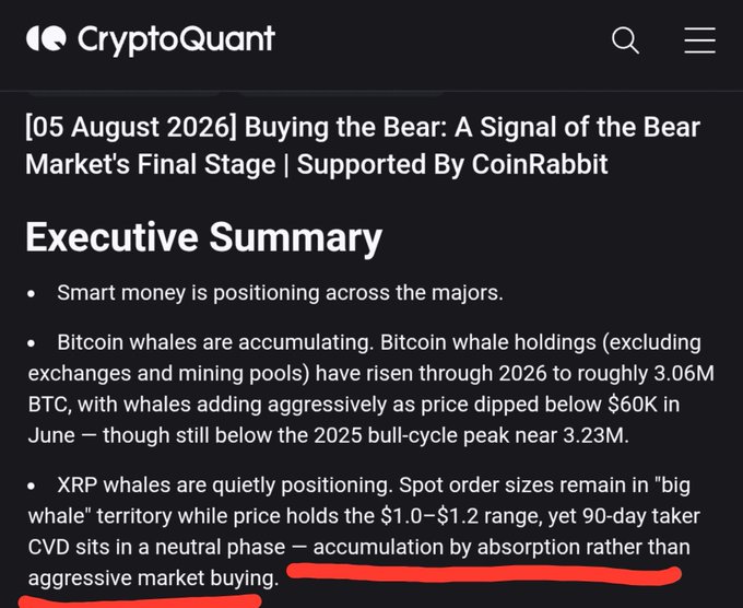 A CryptoQuant executive summary dated August 5, 2026, titled "Buying the Bear: A Signal of the Bear Market's Final Stage," reporting that Bitcoin whales have accumulated to ~3.06M BTC after buying aggressively below $60K in June, while XRP whales are quietly positioning with spot order sizes in "big whale" territory and price holding the $1.0–$1.2 range—directly supporting the post's claim that smart money is accumulating across the majors while retail panics.