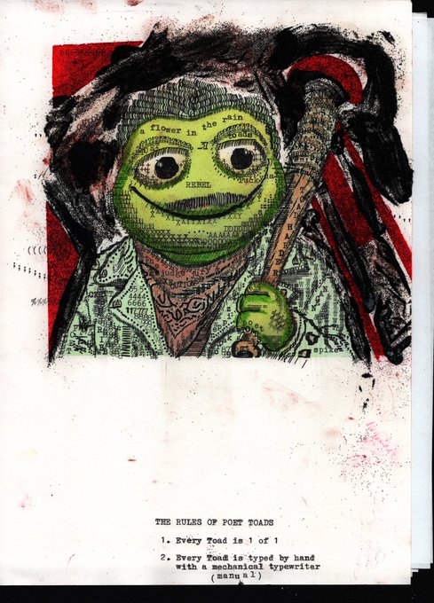 A mixed-media artwork combining painted elements and collaged currency featuring a green, smiling face, with a typewritten list at the bottom titled 'THE RULES OF POST TOADS' beginning with '1. Every Toad is 1 of 1'.