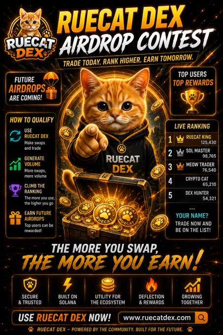 A vibrant promotional poster for 'RUECAT DEX AIRDROP CONTEST' featuring an orange cat mascot, with sections for 'How to Qualify,' 'Top Users Top Rewards,' 'Live Ranking' showing names like RUECAT KING and SOL MASTER, and the tagline 'The More You Swap, The More You Earn!'