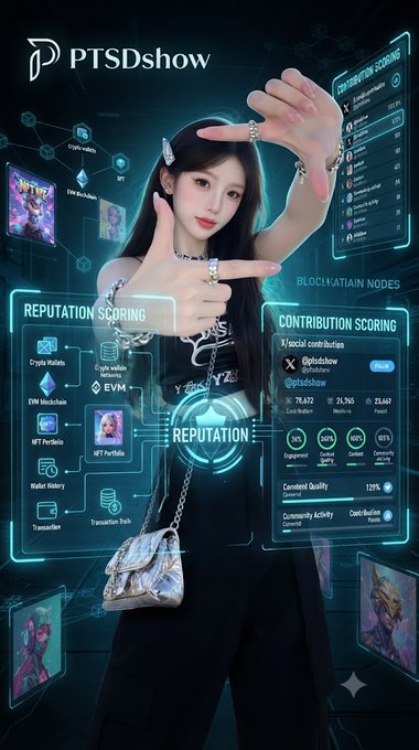 A digital avatar of a woman surrounded by futuristic interface panels displaying "PTSDshow," "Reputation Scoring," "Contribution Scoring," and "Blockchain Nodes."