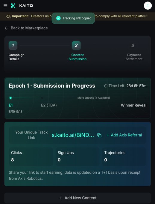 Screenshot of a Kaito AI Katalyst campaign dashboard for Axis Robotics showing 8 clicks and 0 sign-ups after 28 days remaining in Epoch 1, matching the user's post about their early marketing progress with tracking link s.kaito.ai/BiNDmzn.