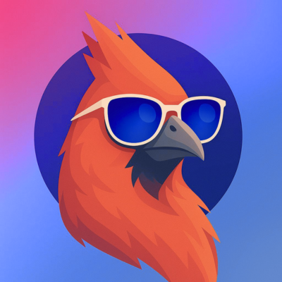 A stylized orange bird mascot wearing white-framed sunglasses is set against a pink-to-blue gradient background with a dark blue circular backdrop, giving it a cool, crypto-native vibe that matches the vouching post praising @Deebs_DeFi for being a genuine, empathetic presence in the crypto community.