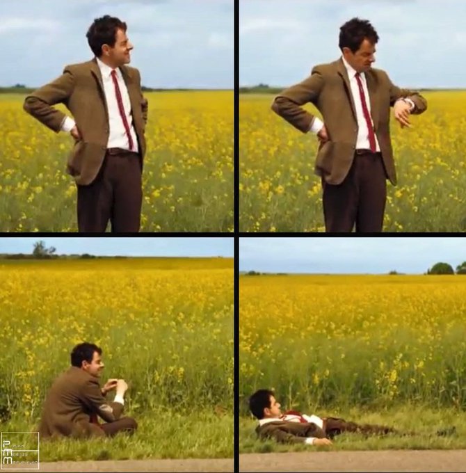 A four-panel meme showing Mr. Bean in a yellow field, standing, checking his watch, sitting, and reclining on the ground.