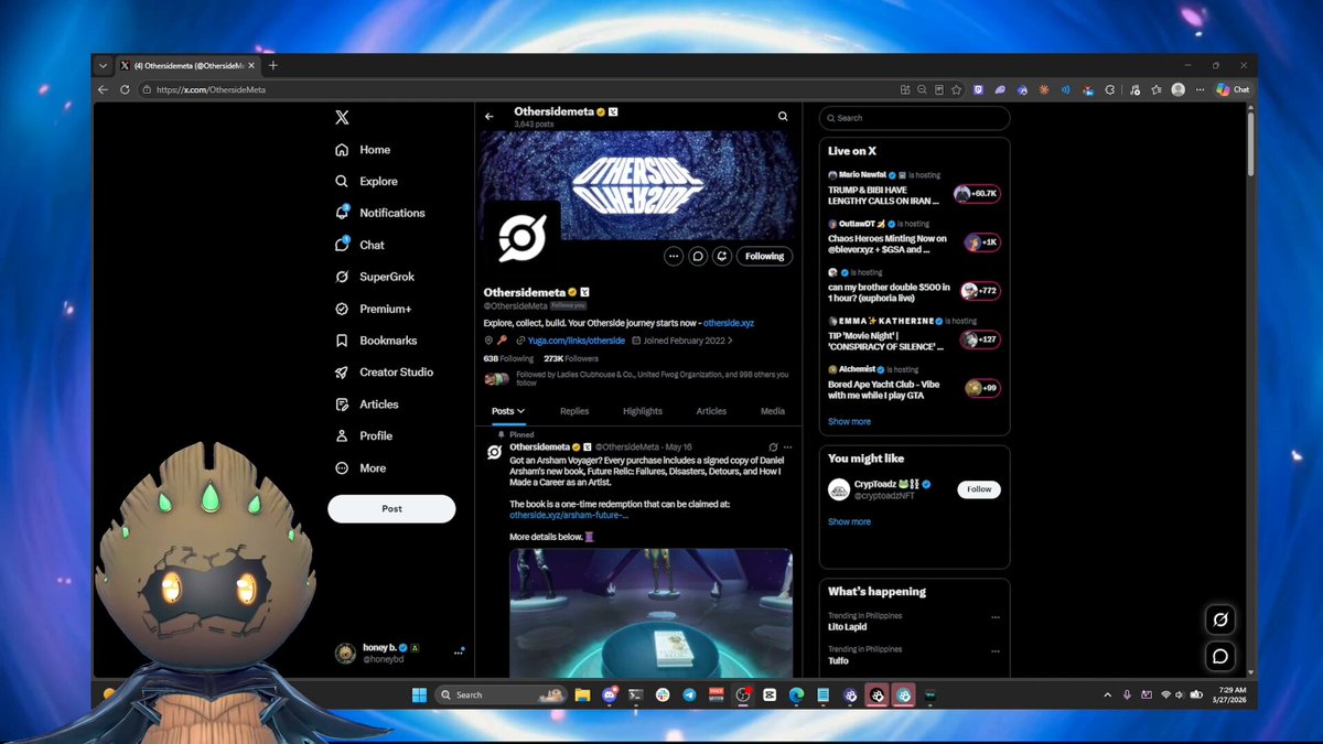 The image shows a computer screen with a social media platform, such as Twitter or Instagram, open. The main focus of the image is a character resembling a person's face, which appears to be a meme or cartoon-like figure. The caption below the image reads "How to put on your avatar on @OthersideMeta A @MutantInfusion x @MetaMask x @themiracle_io collaboration." This suggests that there might be an event or activity related to the character in the image, possibly involving a social media post or a meme.