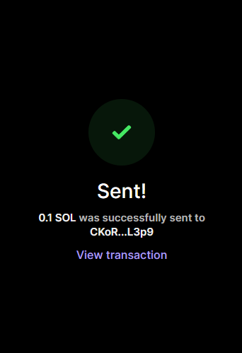 The image shows a black screen with an alert that reads "Sent!". The alert also contains information about a successful transaction, stating that the sender's account has been sent successfully to the recipient's account.