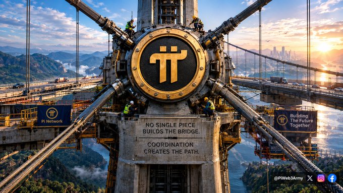 A promotional image for Pi Network featuring workers constructing a massive bridge with the Pi logo, displaying banners that read 'Pi Network', 'Building The Future Together', and 'NO SINGLE PIECE BUILDS THE BRIDGE. COORDINATION CREATES THE PATH.'