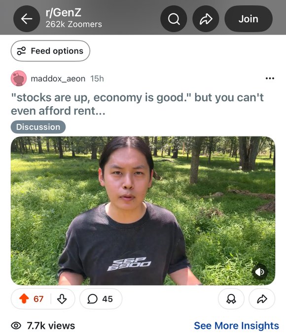 A Reddit post from r/GenZ by user maddox_aeon captioned 'stocks are up, economy is good.' but you can't even afford rent...' featuring a video thumbnail of a young woman in a black 'SBF 2500' t-shirt outdoors.