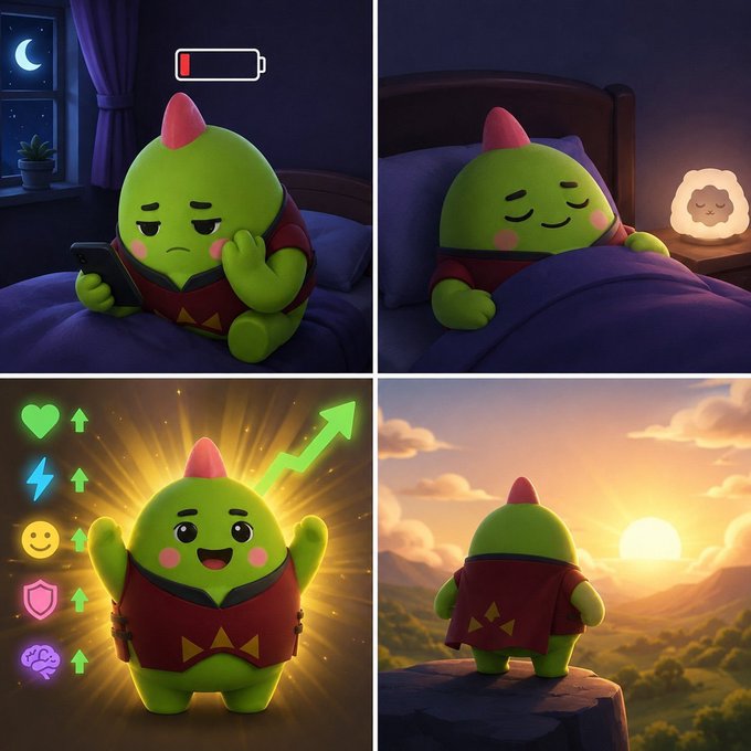 The image features a cartoon green monster with a red hat, sitting on a rock and looking at its phone while surrounded by various symbols related to sleep and wellness. The monster appears to be engaged in an activity that could be social media or gaming, as indicated by the presence of a cell phone and a laptop nearby. The post encourages users to focus on their sleep habits and prioritize quality rest for better overall health and well-being.