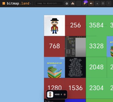 A screenshot of the bitmap.land website showing a grid of purchased Bitcoin Ordinals blocks with numbers like 256, 768, 1280, 1536, 2048, 2304, 3328, and 3584, featuring pixel art characters and various NFT collections.