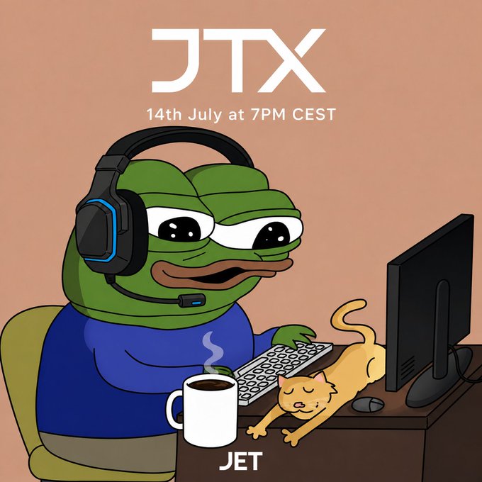 A cartoon illustration featuring the JTX Pepe the Frog character wearing a gaming headset and blue shirt, sitting at a computer with a cat and coffee mug, with text reading 'JTX 14th July at 7PM CEST' and 'JET' at the bottom.
