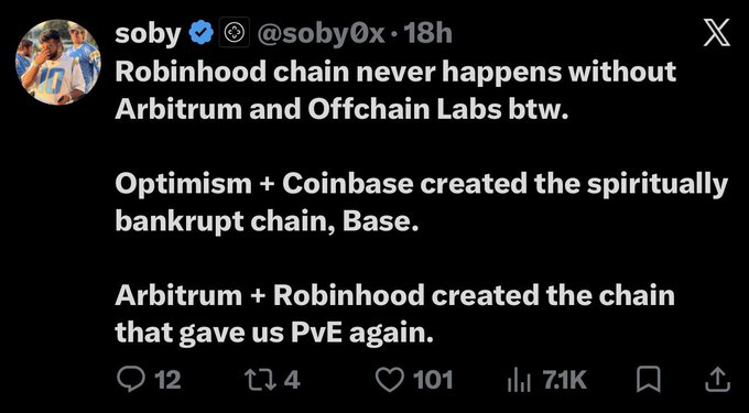A tweet from verified user @soby0x comparing blockchain partnerships, noting that the Robinhood chain was built on Arbitrum and Offchain Labs technology, while contrasting it with how Optimism and Coinbase created Base. The tweet compares Arbitrum + Robinhood's creation favorably, suggesting it "gave us PvE again."