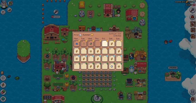 A screenshot of a farming simulation game shows a Sunflower Clock production interface overlaid on an island base with crops, buildings, and character figures.