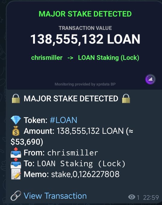 A notification card from xprdata Whale Watcher alerts that user chrismiller has staked 138,555,132 $LOAN tokens (≈$53,690) into the LOAN Staking (Lock) contract, matching the post's announcement of a major $LOAN staking movement on June 25.