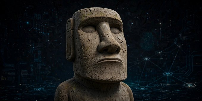 A stone moai statue, similar to those from Easter Island, stands against a dark background with glowing blue technological nodes and circuit-like patterns.