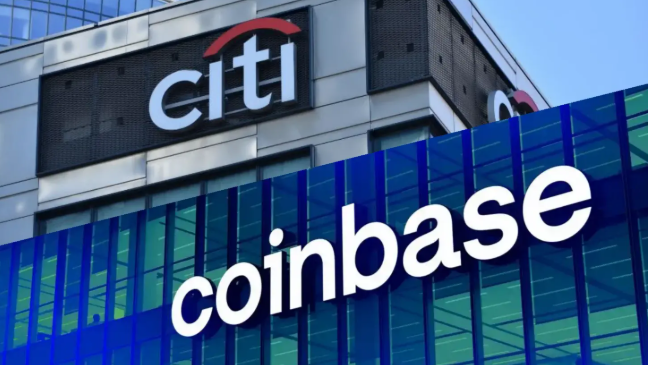 The image shows a building displaying both the "Citi" bank logo and the "coinbase" cryptocurrency company logo, visually representing their new partnership where Citi leverages Coinbase's infrastructure to enable businesses to accept stablecoin payments without the bank directly handling onchain transactions.