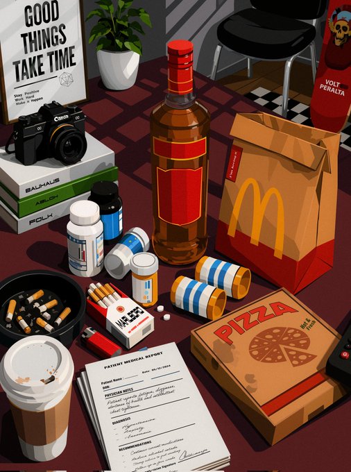 The image shows a table with various items, including a pizza box, a cup of coffee, a pack of cigarettes, a bottle of alcohol, and some pills. The table also has a stack of papers and a book. The scene appears to be set in an office or workspace environment, as there is a chair present. The image includes text that reads "Good things take time" and "Addictions".
