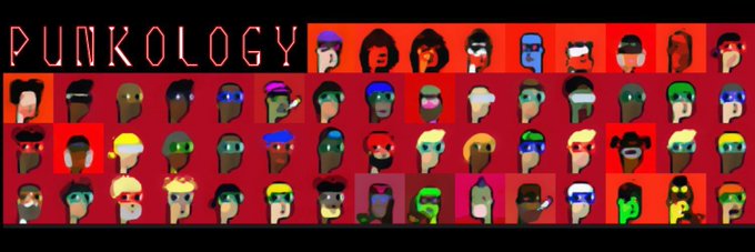 A CryptoPunks-inspired graphic titled 'PUNKOLOGY' featuring a grid of various pixel-art punk character portraits on red backgrounds.