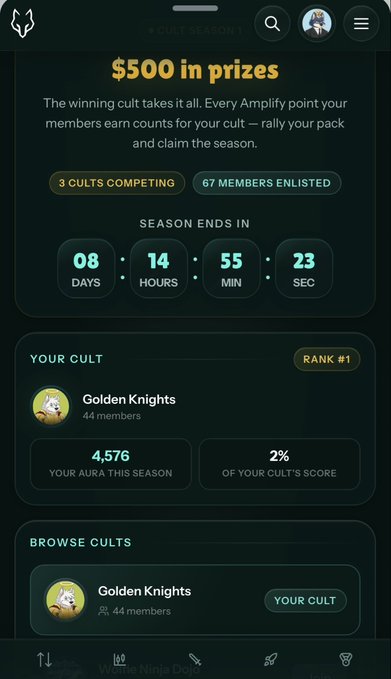 A mobile app screenshot for a 'Cult Season 1' competition offering $500 in prizes, showing the 'Golden Knights' cult ranked #1 with 44 members, 4,576 Aura points, and a countdown timer.