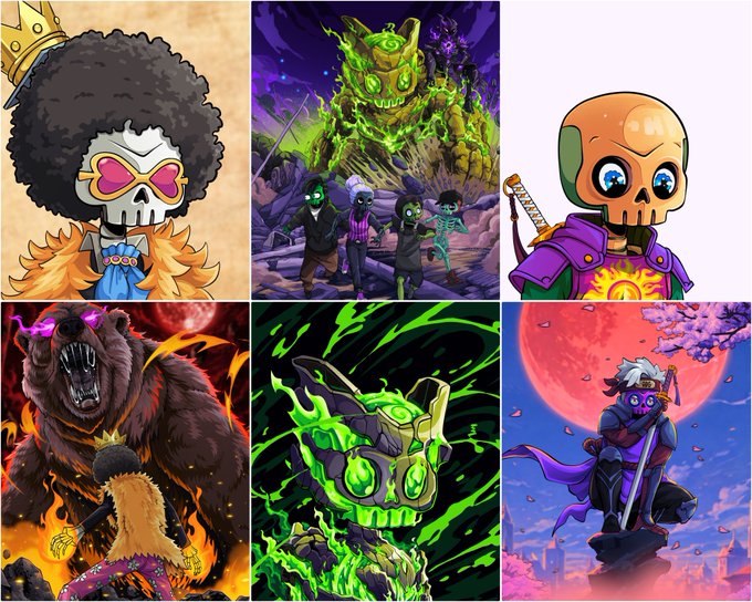 A collage of six colorful illustrations featuring fantasy characters, including a skeleton with an afro and crown, a group of zombie-like figures, a small masked warrior, a roaring bear, a flame-wreathed horned skull, and a samurai with a sword against a red moon.