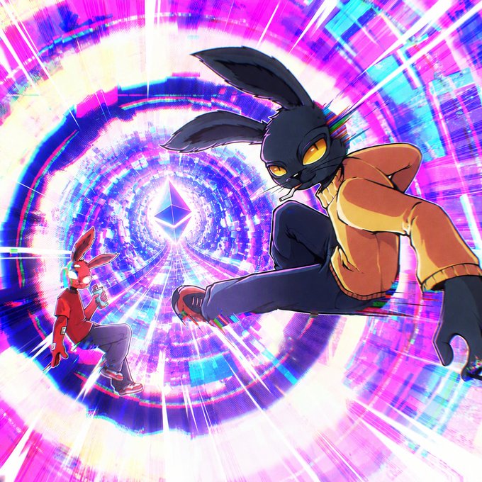 The vibrant, glitchy artwork features a black rabbit in an orange hoodie and a red rabbit in a red sweater, both wearing glowing VR headsets as they appear to leap toward a swirling neon tunnel centered around an Ethereum (ETH) logo, symbolizing the Bad Bunnz NFT project bridging back to the Ethereum blockchain.