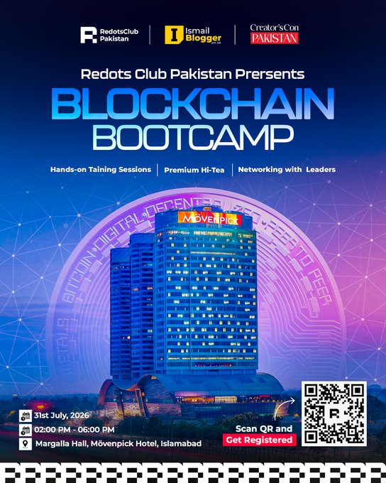 A promotional poster for "BLOCKCHAIN BOOTCAMP" presented by Redots Club Pakistan and Ismail Blogger, scheduled for 31st July 2026 at Margalla Hall, Mövenpick Hotel, Islamabad, featuring a QR code for registration.