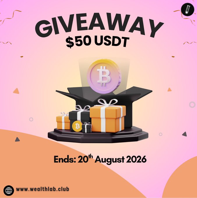 A giveaway promotional graphic announcing "$50 USDT" prize with the deadline "Ends: 20th August 2026," featuring a 3D illustration of a Bitcoin emerging from a gift box surrounded by presents, branded with "www.wealthlab.club" at the bottom.

The image supports the post by visually showcasing the $50 USDT giveaway prize and its August 20, 2026 deadline to attract entries via the WealthLabClub X-Space event focused on position sizing strategies.