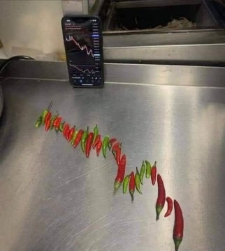 A smartphone displaying a stock or crypto chart sits on a stainless steel surface next to a line of red and green chili peppers arranged to mimic a downward-trending candlestick chart.