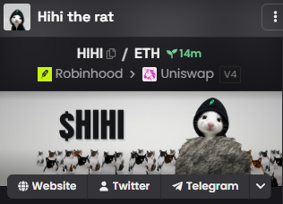 A meme token profile page displays "$HIHI the rat" with a 14m growth indicator, showing price movement from Robinhood to Uniswap V4. The post references the image's "rat" meme token as a potential runner, suggesting it could replicate the 10k-to-1M gains of a previously shared meme, while sharing a wallet address (0x7ae9b371f65b01277ffaa2290a189a788a76170d) for viewers.