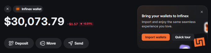 An Infinex wallet interface showing a balance of $30,073.79, with Deposit, Move, and Send buttons, alongside a pop-up inviting users to import wallets with a 'Quick tour' option.