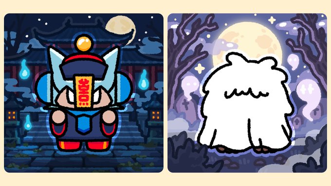 Two cartoon illustrations side by side: a robot character dressed as a Chinese deity with a 'DING' talisman on a moonlit night (left), and a fluffy white creature viewed from behind under a full moon surrounded by ghostly figures (right).