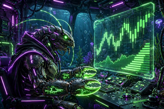 A cyberpunk-style AI-generated image of a reptilian humanoid in neon-lit armor looking at glowing green trading charts on a transparent screen in an underwater setting.