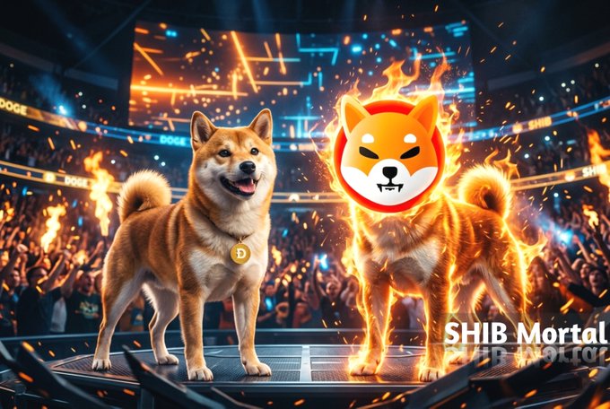 Two Shiba Inu dogs stand on a stage in an arena, one engulfed in flames alongside a fiery Shiba Inu logo, with 'SHIB Mortal' text visible in the corner.