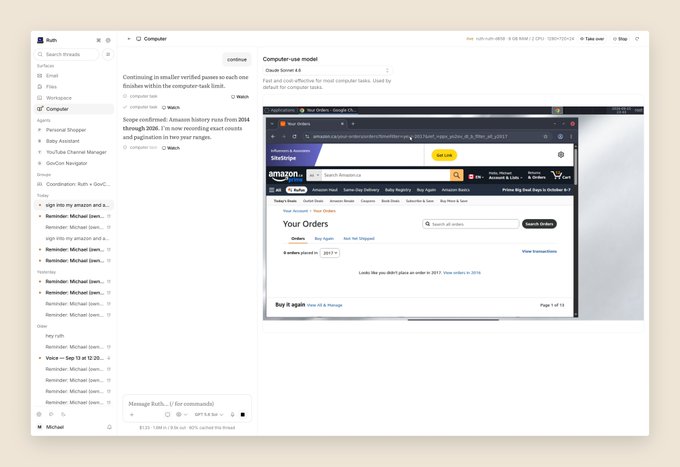 A computer interface showing an AI assistant named 'Ruth' with a chat history on the left, executing a 'Computer-use model' task to navigate an Amazon site using Google Chrome 4.0 to check orders.