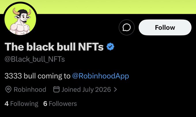 A Twitter/X profile page for 'The black bull NFTs' (@Black_bull_NFTs), featuring an avatar of a muscular bull character, with a bio stating '3333 bull coming to @RobinhoodApp'.