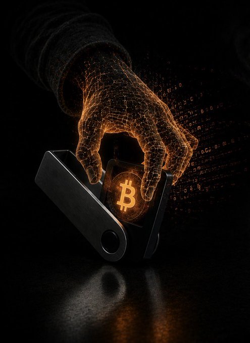 A stylized digital art image shows a glowing orange wireframe hand pressing a Bitcoin logo on a black hardware wallet device, surrounded by floating binary code.