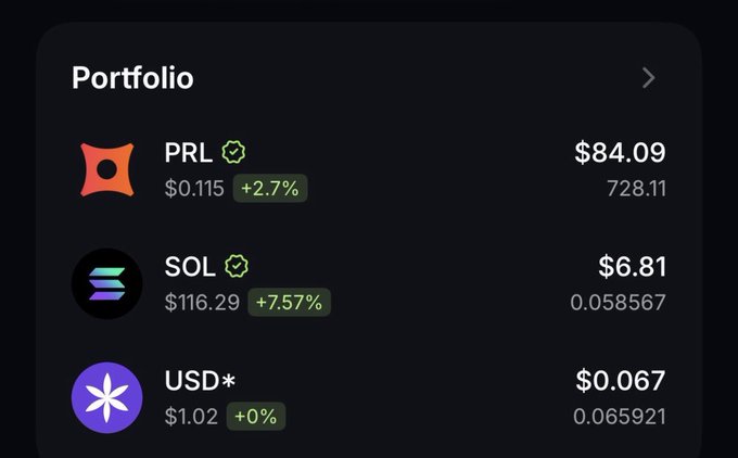 A digital wallet portfolio shows holdings of $PRL (728.11 tokens at $84.09), $SOL (0.058567 at $6.81), and $USD (0.065921 at $0.067), with $PRL up 2.7% and $SOL up 7.57%, reflecting the recent Perle Labs airdrop claim mentioned in the post.