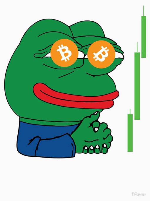 A Pepe the Frog meme illustration shows the character wearing orange Bitcoin-logo sunglasses, winking with red lips, and clasping his hands together next to a green candlestick chart trending upward, with 'TFever' watermark in the corner.