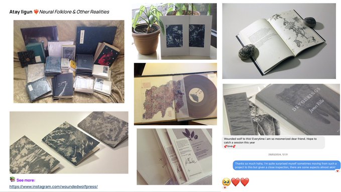 The image is an Instagram collage from Atay Ilgun (@woundedwolfpress) showcasing his publishing house "Wounded Wolf," featuring various hand-designed books, prints, and limited editions with nature-themed covers and a quote from his friend Jarrod, emphasizing the artistic and curatorial practice that predates his entry into crypto and AI art.