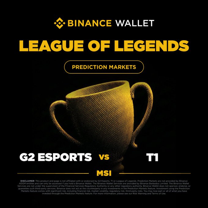 Binance Wallet promotional graphic for "League of Legends Prediction Markets" featuring a golden MSI trophy between G2 Esports and T1. The image visually reinforces the post's announcement that the prediction market for the G2 vs T1 BO5 matchup at MSI is now live on Binance Wallet.