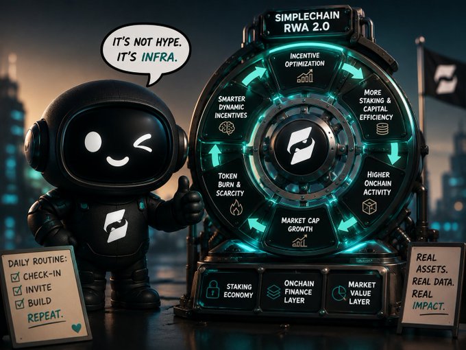 A promotional graphic for 'SimpleChain RWA 2.0' featuring a cartoon robot character saying 'It's not hype. It's infra.' alongside a circular diagram showing features like incentive optimization, staking efficiency, and token burn, with checklist items for daily routine tasks.