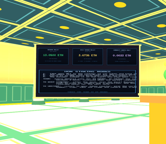 A retro-styled digital illustration depicts a futuristic control room with a large monitor displaying a "HOW STAKING WORKS" dashboard, featuring the Reserve Wallet at 13.0800 ETH, Daily Reward Wallet at 3.6736 ETH, and Community Growth Wallet at 0.0033 ETH. The displayed Daily Reward Wallet figure of 3.6736 ETH closely matches the 3.67 ETH staking rewards mentioned in the post, visually representing the earnings distributed to stakers.