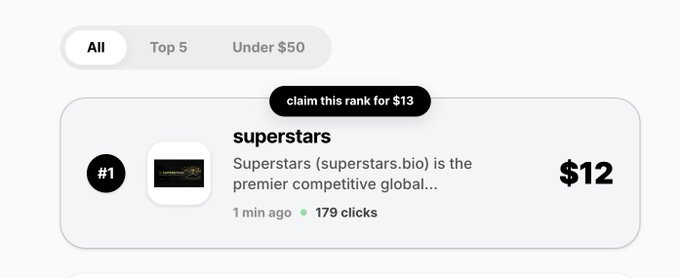 A screenshot from buildbid.lol shows "superstars" (superstars.bio) holding the #1 ranking position with a $12 bid and 179 clicks, available to claim for $13, matching the post celebrating their top spot on the competitive bidding platform.
