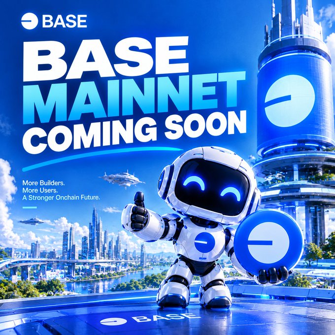 Promotional graphic for BASE with the text “BASE MAINNET COMING SOON,” “More Builders. More Users. A Stronger Onchain Future,” a robot mascot, and the BASE logo.