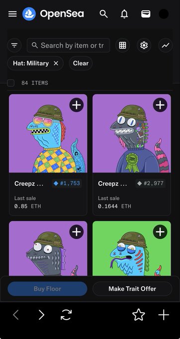 An OpenSea NFT marketplace page filtered by "Hat: Military," showing 84 items featuring "Creepz" character NFTs with various military-themed hats and pricing in ETH.