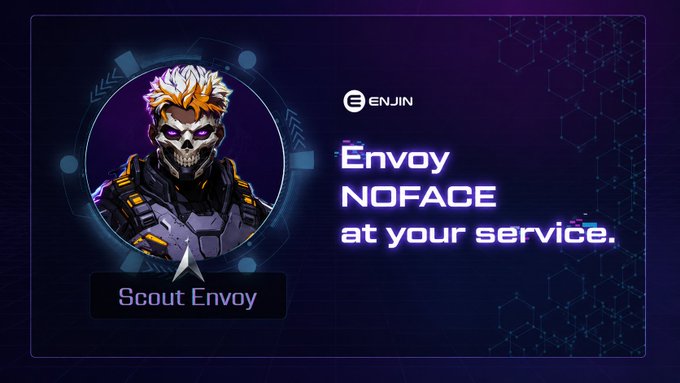 A digital graphic from Enjin featuring a skull-faced character labeled 'Scout Envoy' alongside the text 'Envoy NOFACE at your service.'