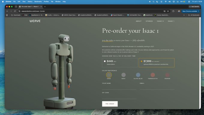 A webpage screenshot of WERVE's pre-order page for the Isaac 1 robot, priced at $449 plus optional $7,999 delivery package, with color preference options including Sage, Gray, Slate Blue, Terracotta, and Verdigris.