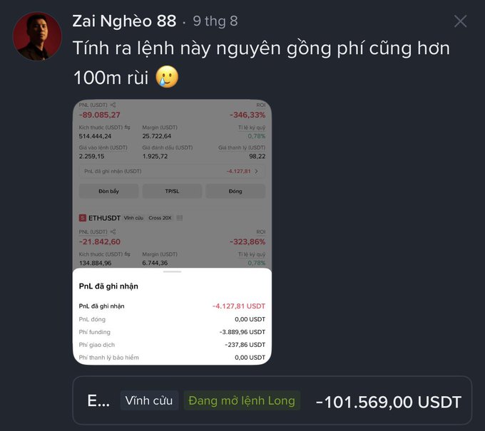 A Vietnamese social media post from 'Zai Nghèo 88' captioned 'Tính ra lệnh này nguyên gộng phí cũng hơn 100m rùi' showing massive trading losses on ETHUSDT with a PnL of -89,085.27 USDT and -346.33% ROI.